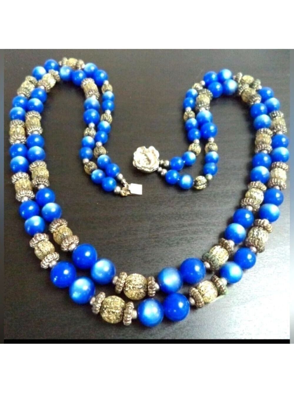 VINTAGE BLUE MOONGLOW DBL STRAND BEADED 24" NECKLACE